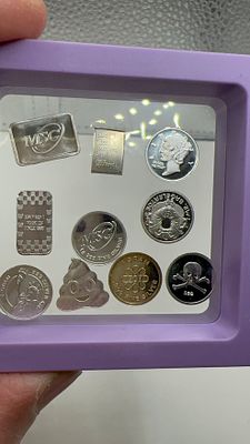 לוט 10 מטילי כסף טהור 9999 של 1 גרם כל אחד בצורות שונות ומגוונות מטבעות, Bar ועוד והכל כסף טהור. 