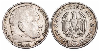 גרמניה- מטבע 5 ריכסמארק משנת 1936-J כסף 900 משקל: 13.88 גרם