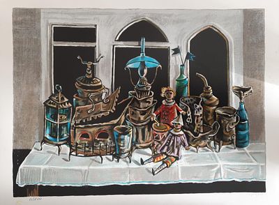 יוסל ברגנר בובות וכלים ליטוגרפיה מקורית חתומה בעיפרון נדיר
72X54