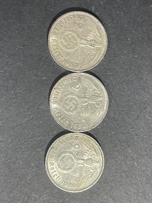 לוט שלושה מטבעות 2 רייכסמארק כסף 0.625 גרמנייה הנאצית מהשנים 1937-39