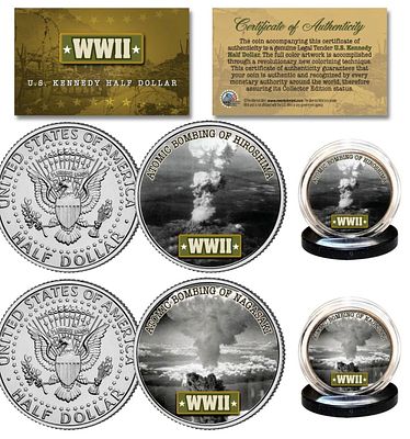 שתי מטבעות אמיתיים סחירים מיוחדים ונדירים של הפצצה האטומית על הירושימה ונגסאקי ביפן. מטבעות של 