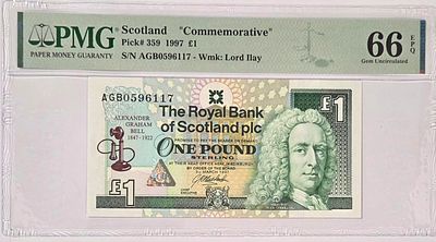 סקוטלנד 1 פאונד 1997 מדורג 66 PMG - EPQ שטר הנצחה לציון 150 שנה להולדתו של ממציא הטלפון אלכסנדר 