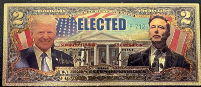 שטר פנטזיה על סך 2 דולר מוזהב של נשיא ארה״ב דונלד טרמפ ואילון מאסק