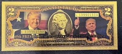 שטר פנטזיה על סך 2 דולר מוזהב של נשיא ארה״ב דונלד טרמפ שניבחר להיות הנשיא ה 45 של ארה״ב