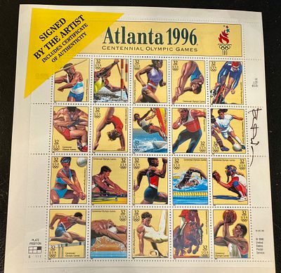. גיליון בולים סגור באריזה המקורית Atlanta 1996 Olympics – חתום ע״י האמן + תעודת מקוריות
גיליון 