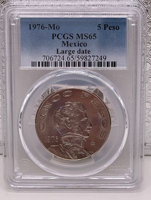 נדיר! תאריך גדול!
מטבע 5 פזו מקסיקו 1976 - PCGS MS65 Large Date. מטבע **5 פזו מקסיקו** משנת 1976 