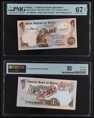 מלטה 1 לירה שנת 1967
SPECIMEN מהדורת אספנים
מדורג 67 EPQ על ידי PMG