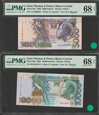 TOP POP !!!-SAINT THOMAS & PRINCE - Lot of 2 Top Pop Banknotes-1996- 5000+10000 DOBRAS-PMG 68EPQ