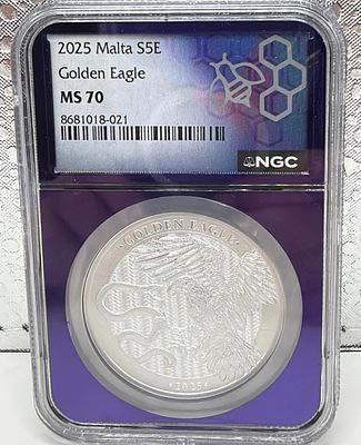 הדירוג הגבוה ביותר של NGC! 70!
במטבע כסף מלטה 2025 - עיט הזהב NGC MS 70. מטבע כסף **2025 Malta 