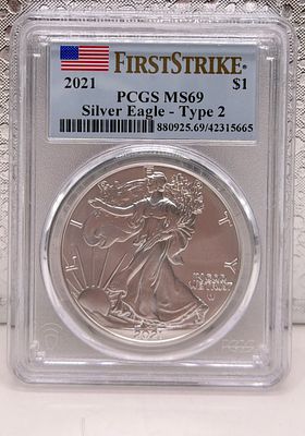 מטבע מדורג נדיר!
מטבע כסף Silver Eagle 2021 Type 2 PCGS MS69. מטבע **Silver Eagle** אמריקאי משנת 