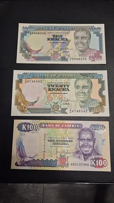 זמביה- 3 שטרות בעריך 10, 20 , 100 קואצה 
מצב שטרות חדש Unc