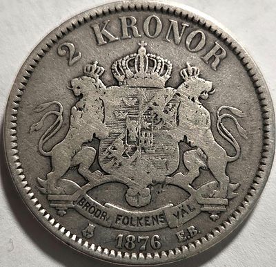 שבדיה 2 קרון 1876, כסף!!
14.62 גרם, 31 ממ.
מטבע גדול מצב מעולה לגילו