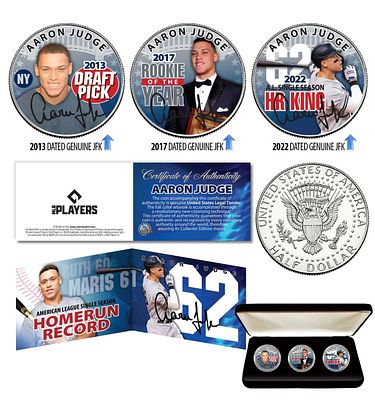 23. סט אספנות יוקרתי של Aaron Judge הכולל 3 מטבעות/מדליוני Half Dollar אמריקאיים מקוריים עם 