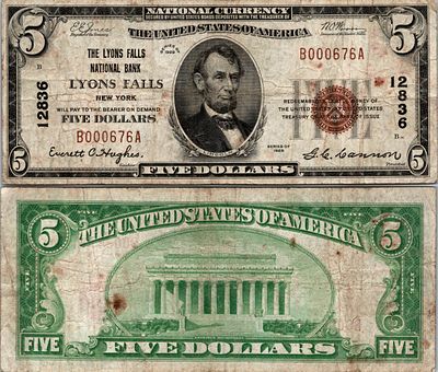 5 dollars National Bank - LYONS FALLS - New York - Serie 1929 - B000676A