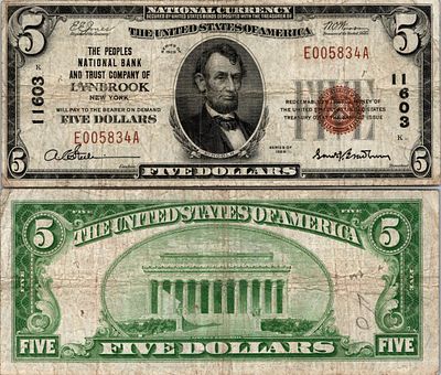 5 dollars National Bank - LYNBROOK - New York - Serie 1929 - E005834A