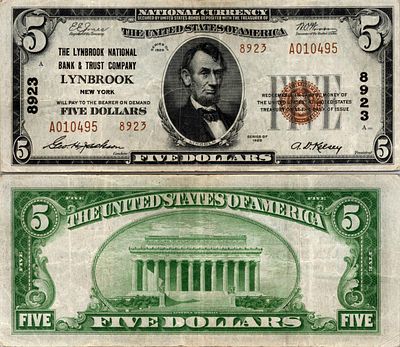 5 dollars National Bank - LYNBROOK - New York - Serie 1929 - A010495