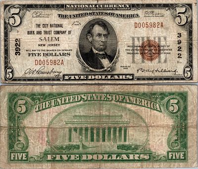 5 dollars National Bank - SALEM - New Jersey - Serie 1929 - D005982A