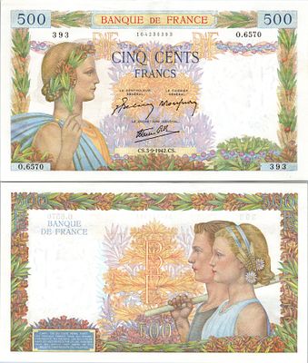 500 פרנק צרפתי מסדרת "La Paix" (השלום), אשר הונפק על ידי בנק צרפת בין השנים 1940-1944.הוא הוכרז 