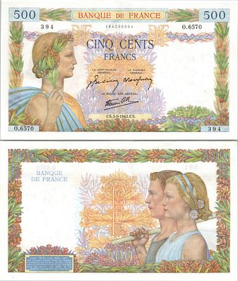 500 פרנק צרפתי מסדרת "La Paix" (השלום), אשר הונפק על ידי בנק צרפת בין השנים 1940-1944.הוא הוכרז 