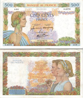 500 פרנק צרפתי מסדרת "La Paix" (השלום), אשר הונפק על ידי בנק צרפת בין השנים 1940-1944.הוא הוכרז 