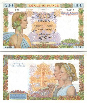 500 פרנק צרפתי מסדרת "La Paix" (השלום), אשר הונפק על ידי בנק צרפת בין השנים 1940-1944.הוא הוכרז 