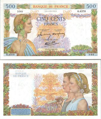 500 פרנק צרפתי מסדרת "La Paix" (השלום), אשר הונפק על ידי בנק צרפת בין השנים 1940-1944.הוא הוכרז 