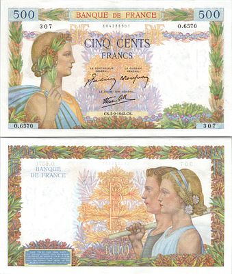 500 פרנק צרפתי מסדרת "La Paix" (השלום), אשר הונפק על ידי בנק צרפת בין השנים 1940-1944.הוא הוכרז 