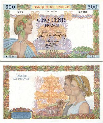 500 פרנק צרפתי מסדרת "La Paix" (השלום), אשר הונפק על ידי בנק צרפת בין השנים 1940-1944.הוא הוכרז 
