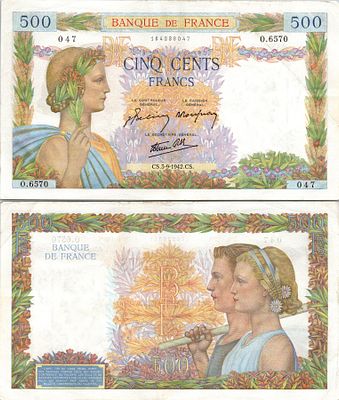 500 פרנק צרפתי מסדרת "La Paix" (השלום), אשר הונפק על ידי בנק צרפת בין השנים 1940-1944.הוא הוכרז 