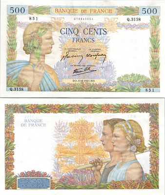 500 פרנק צרפתי מסדרת "La Paix" (השלום), אשר הונפק על ידי בנק צרפת בין השנים 1940-1944.הוא הוכרז 