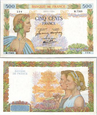 500 פרנק צרפתי מסדרת "La Paix" (השלום), אשר הונפק על ידי בנק צרפת בין השנים 1940-1944.הוא הוכרז 