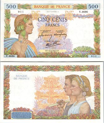 500 פרנק צרפתי מסדרת "La Paix" (השלום), אשר הונפק על ידי בנק צרפת בין השנים 1940-1944.הוא הוכרז 