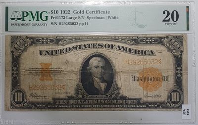 ארה"ב 1922
10 דולר GOLD CERTIFICATE 
דירוג 20 PMG