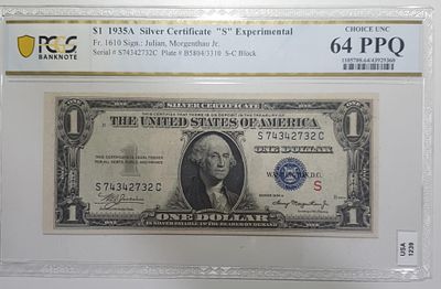 ארה"ב דולר חותמת כחולה 
מדורג 64PPQ PCGS 
האות S המודפסת באדום בצד ימין (על גבי החותם הממשלתי 