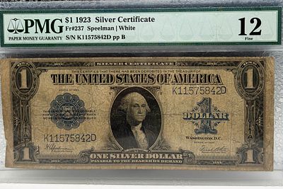שטר 1 דולר כסף 1923 - PMG 12 Fine. שטר **1 דולר כסף (Silver Certificate)** משנת **1923** בדירוג 