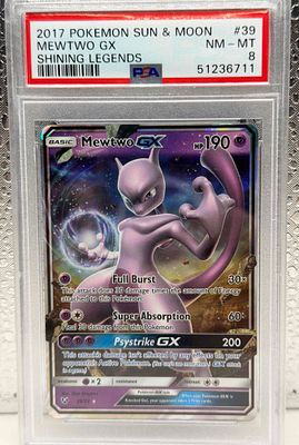 Mewtwo GX #39 Shining Legends 2017 PSA 8. קלף **Mewtwo GX** נדיר מסדרת **Shining Legends** 
