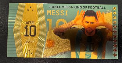 Lionel Messi – Gold Foil Collectible Fantasy Banknote, Double-Sided. A collectible banknote with 