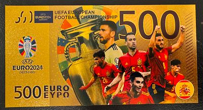 Spain National Team – Gold-Tone €500 Fantasy Banknote – Euro 2024 Champions. A collectible 