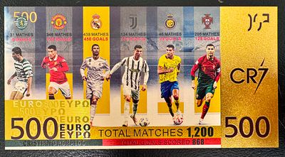 Cristiano Ronaldo – Gold-Tone €500 CR7 Fantasy Banknote. A gold-tone collectible fantasy 