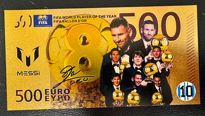 Lionel Messi – Gold-Tone €500 Fantasy Banknote – 8 Ballon d’Or Awards. A gold-tone collectible 
