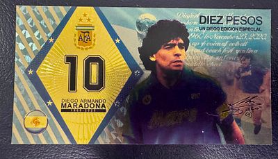 Diego Maradona – “Diez Pesos” #10 Collectible Fantasy Banknote. A collectible fantasy banknote 