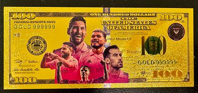 Lionel Messi – Gold-Tone Inter Miami Collectible Fantasy Banknote. A gold-tone collectible 