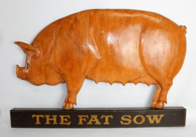 Carved and painted wooden pub sign with pig. "The Fat Sow" Carved and painted wooden pub sign. 