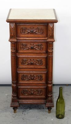 French Henri II carved oak nightstand with marble top. Late 19th century. 35 1/4"h x 16 3/4"w x 