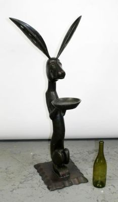Bronze hare statue with tray. 39"h x 19"w x 15"d