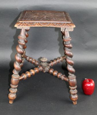 French farmhouse stool in carved oak on barley twist legs. 19th century. 18"h x 15"w x 15"d