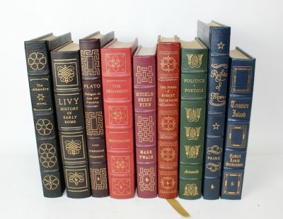 Lot of 9 Easton Press leather bound books. 10"-11 1/2"h