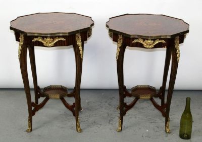 Pair French music room side tables with painted tops. Pair French music room side table with 