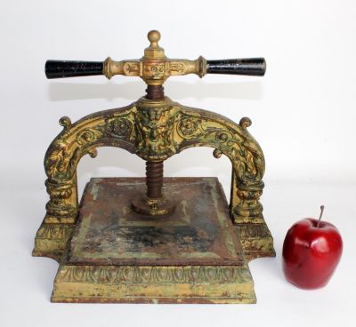 French cast iron book press. Late 19th century. 12 1/2"h-16"h, 14"w x 12"d