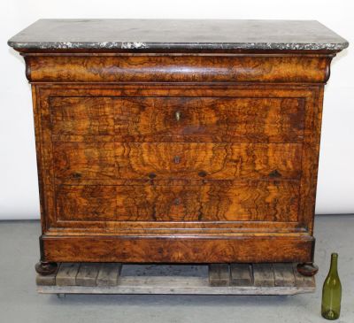 French Louis Philippe commode in burl walnut with marble top. 19th century. 40"h x 51 1/2"w x 26"d